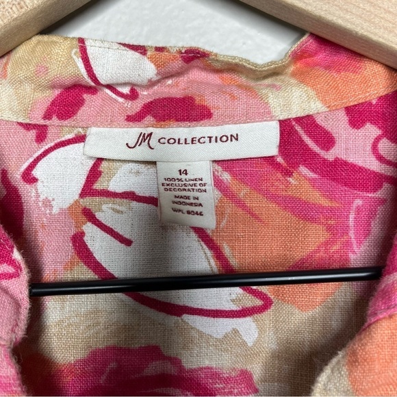 JM Collection Women 100% Linen Button Down Top Medium Pink Floral Embroidered - Picture 2 of 8